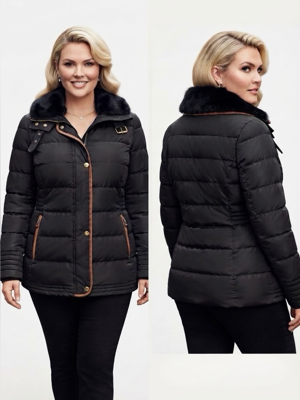 NEW WOMEN’S QUILTED JACKET FAUX FUR COLLAR‎ INSULATED ZIPPED BLACK PUFFER